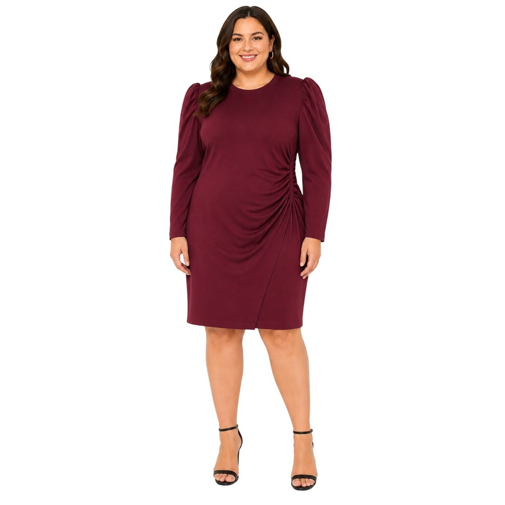Clover & Sloane Sheath Dress Women Size 16 Burgundy New Ruched Puff Sleeve